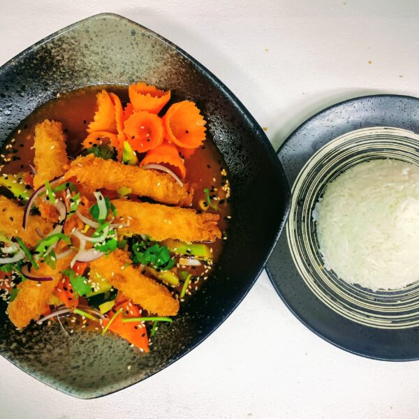 40.d. KŘUPAVÝ SE SLADKOKYSELOU OMÁČKOU S KREVETAMI